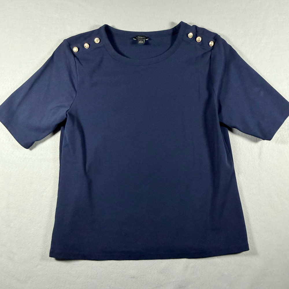 Ann Taylor Factory Women’s Size L Navy Blue Top Gold Button Shoulder  Sleeve